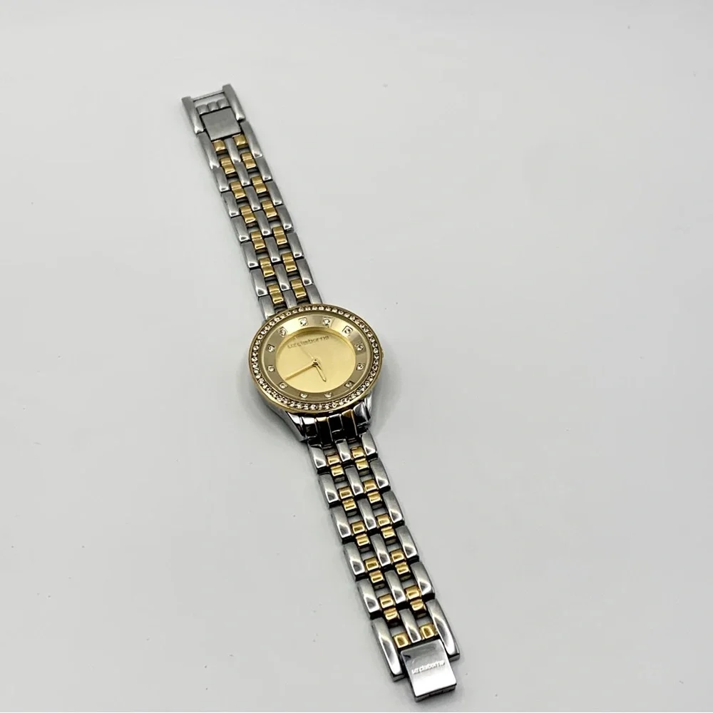 Liz Claiborne Two-Tone Crystal Bezel Watch 6.75" New Battery - Picture 5 of 14